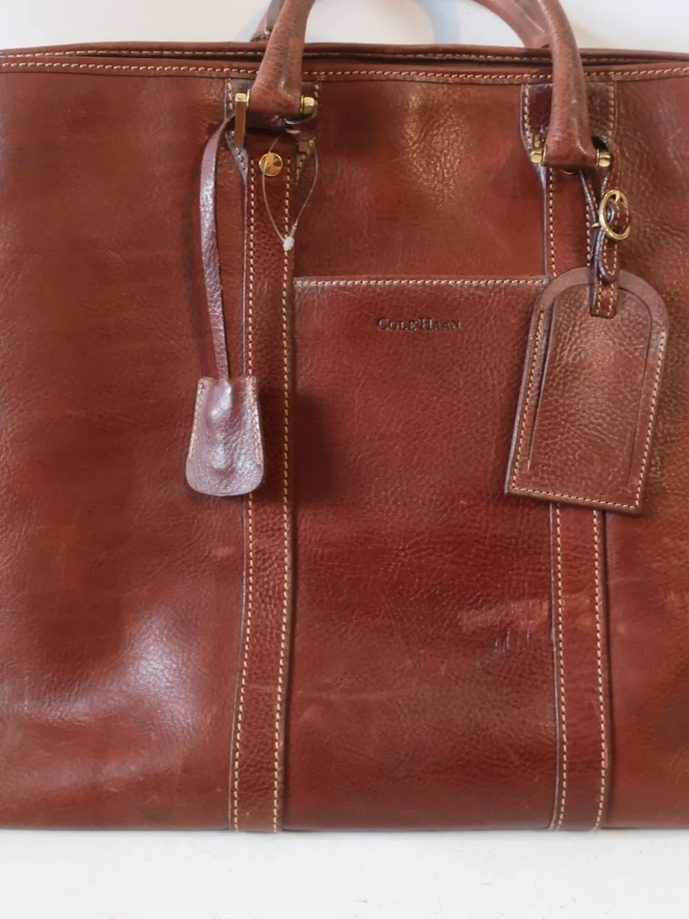 Mens Cole Haan Brown Pebbled Leather Vintage Weekender Duffel Travel Bag
